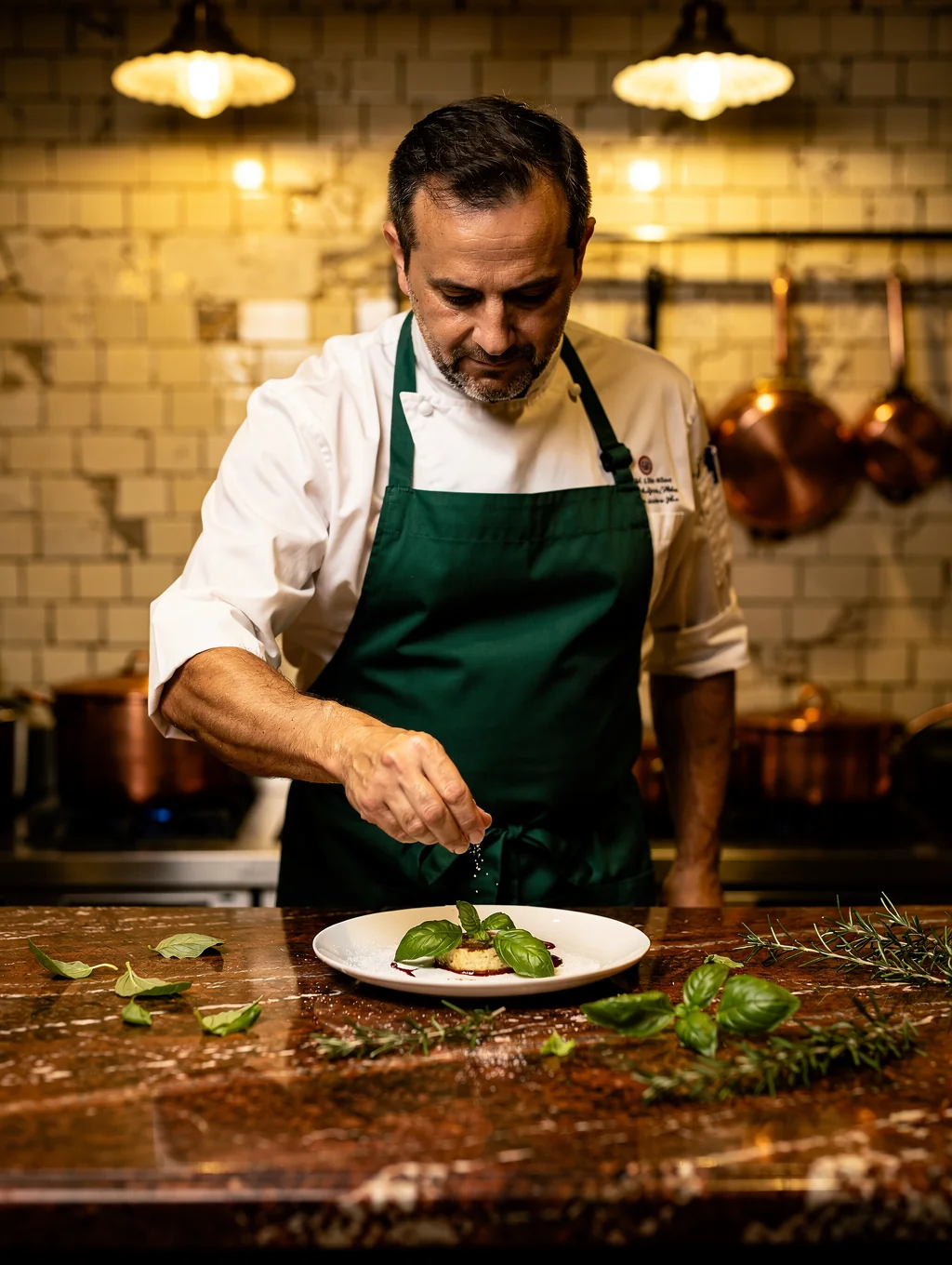 Chef Marco Rossi plating a seasonal Italian dish