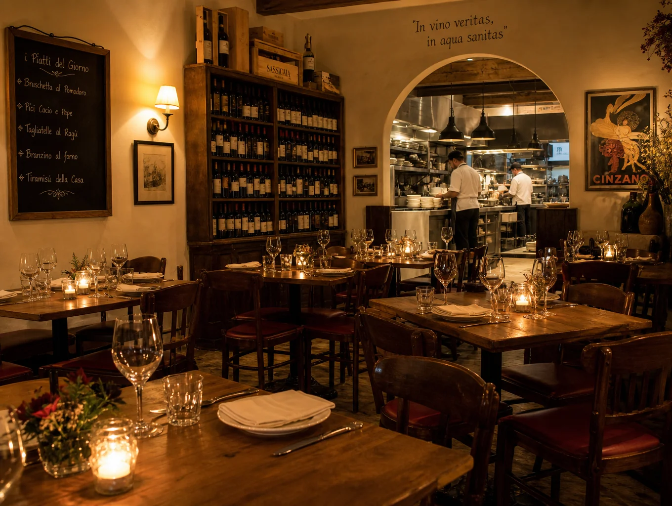 Warm candlelit dining room with rustic stone walls at MISTO