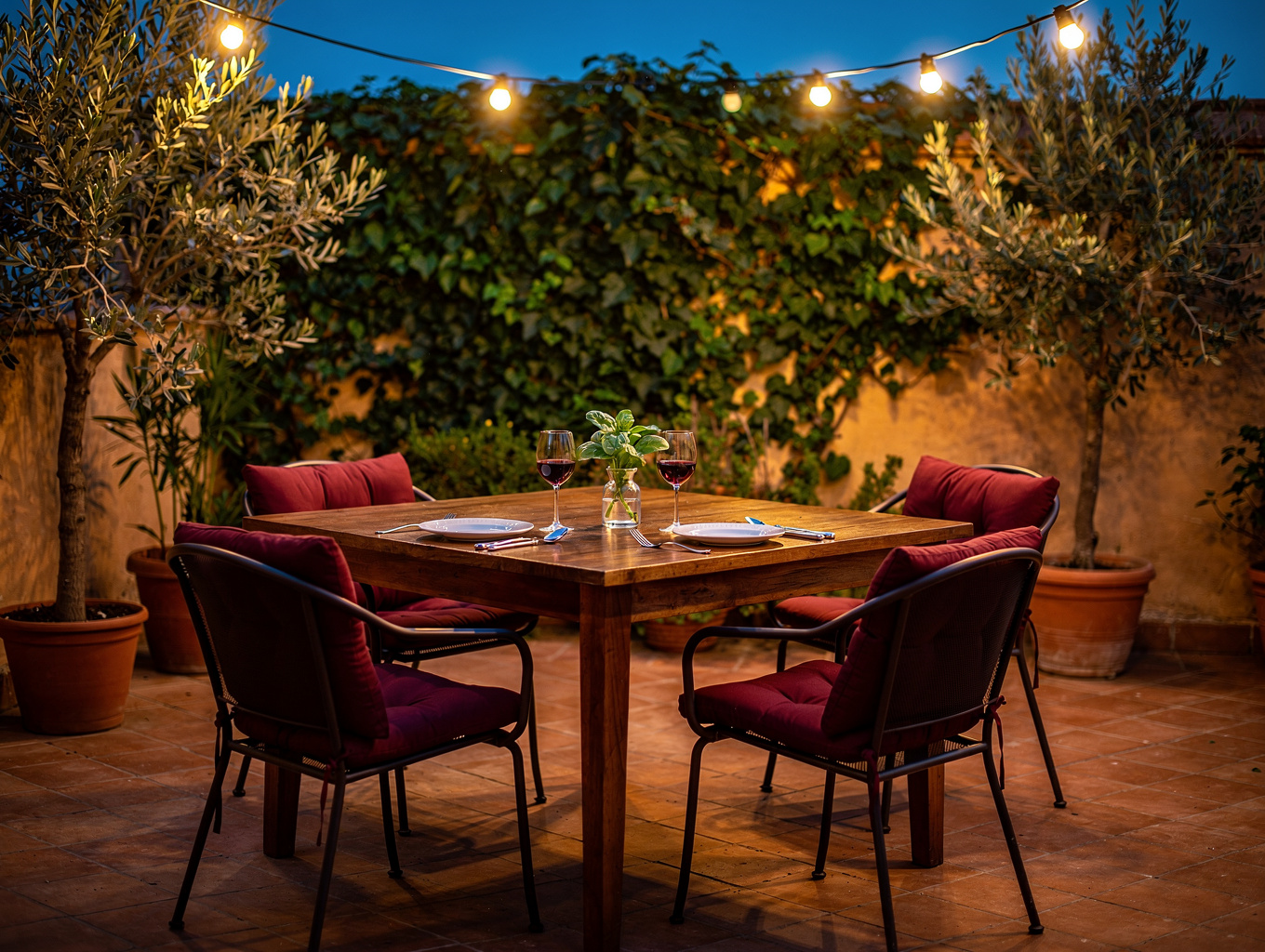 Outdoor dining terrace with olive trees and evening lanterns