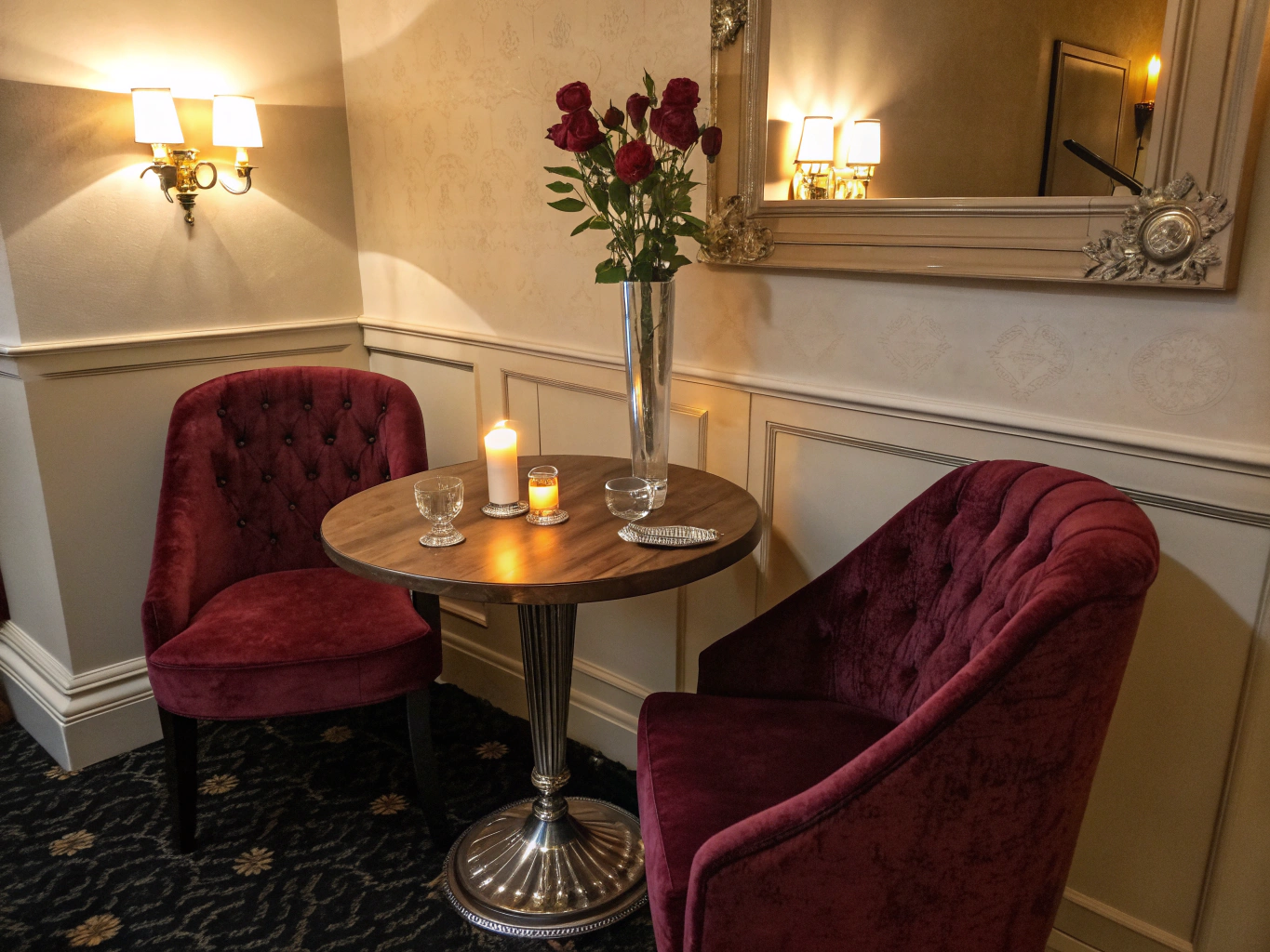 Cozy intimate arched dining alcove with ambient lighting