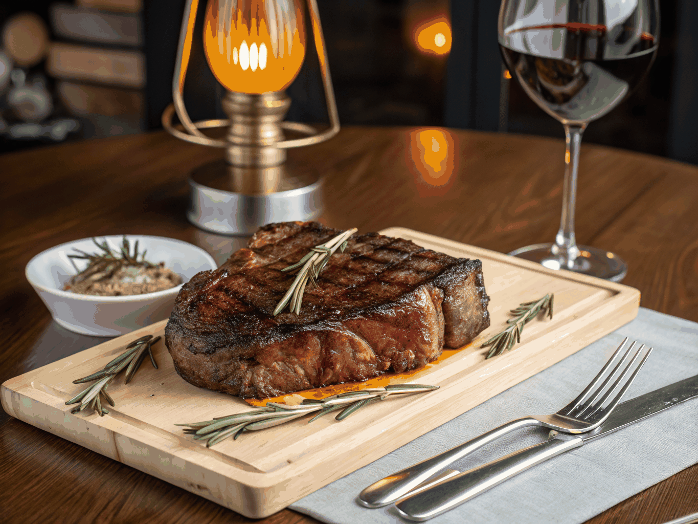 Prime dry aged steak grilled over open wood flame