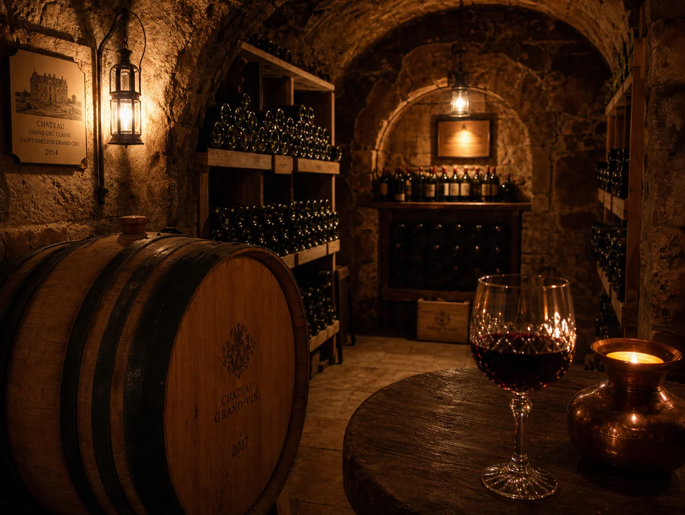 Subterranean brick wine cellar with illuminated vintage bottles